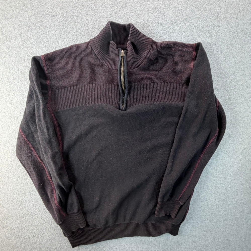 BKE Mens Athletic Fit Quarter Zip Sweater Black Burgundy Mock Neck Large 0815